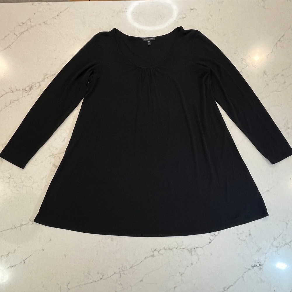 Eileen Fisher LS Silk‎ Tunic Pin Tuck Top Womens Medium Black 100% Silk Flared